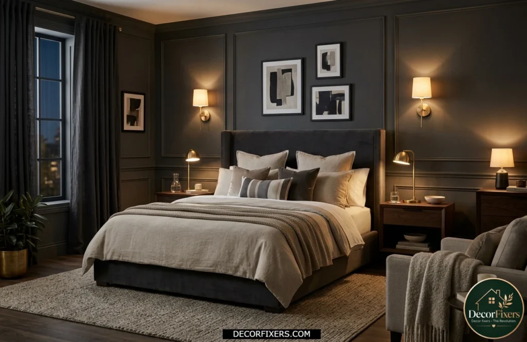 Charcoal gray bedroom with brass lighting fixtures, neutral linen bedding, and warm ambient lighting