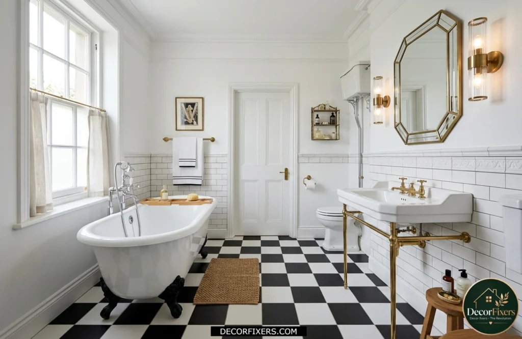 Black-and-white checkerboard bathroom floor tile with vintage and art deco appeal.