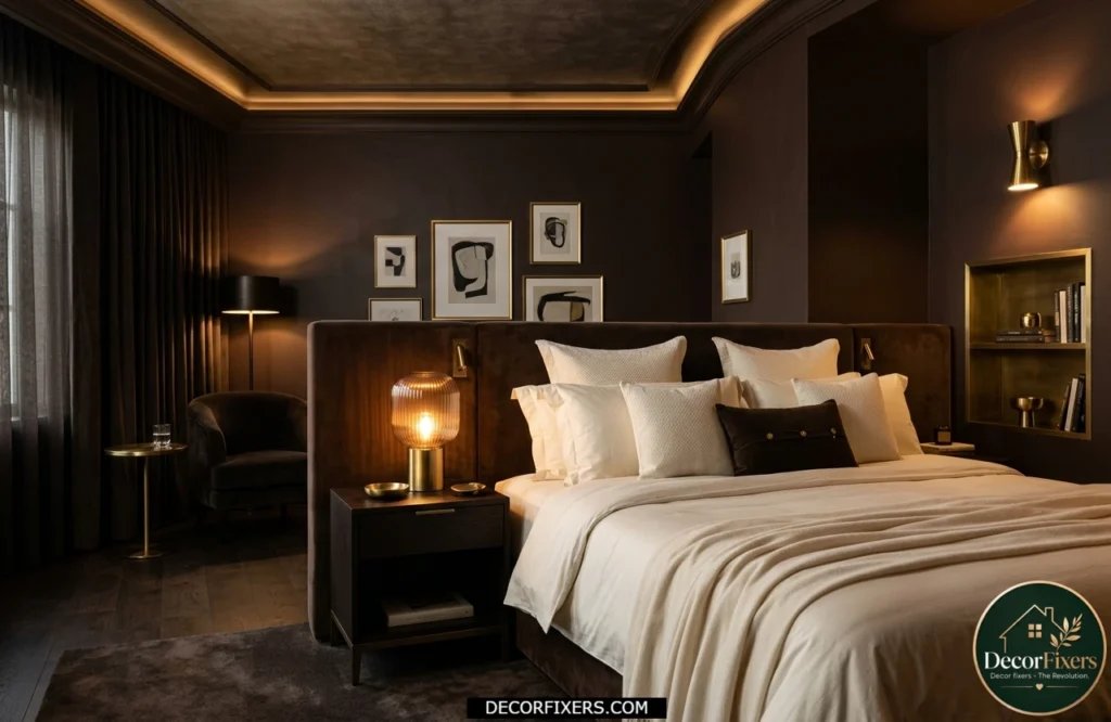 Chocolate brown bedroom with luxury hotel-style mood, warm lighting, and cream bedding contrast.