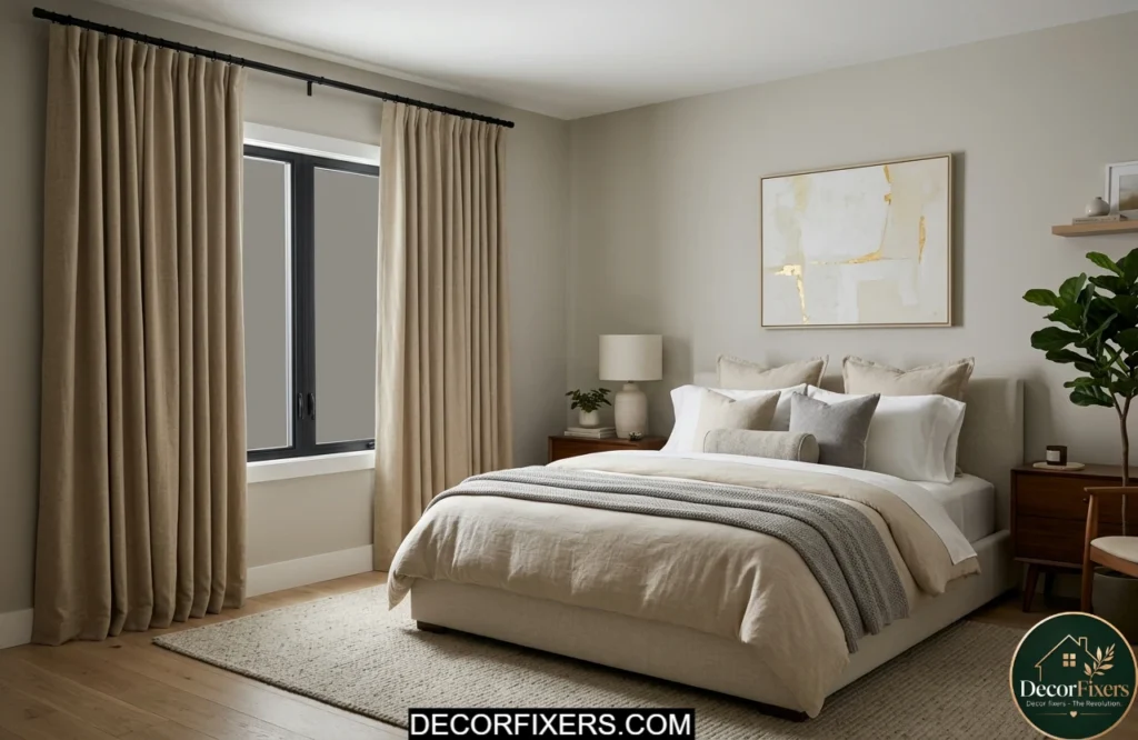Classic blackout curtains in a modern bedroom blocking morning sunlight for better sleep