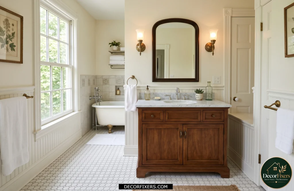 White hexagon bathroom floor tiles with contrasting grout in a timeless bathroom design.