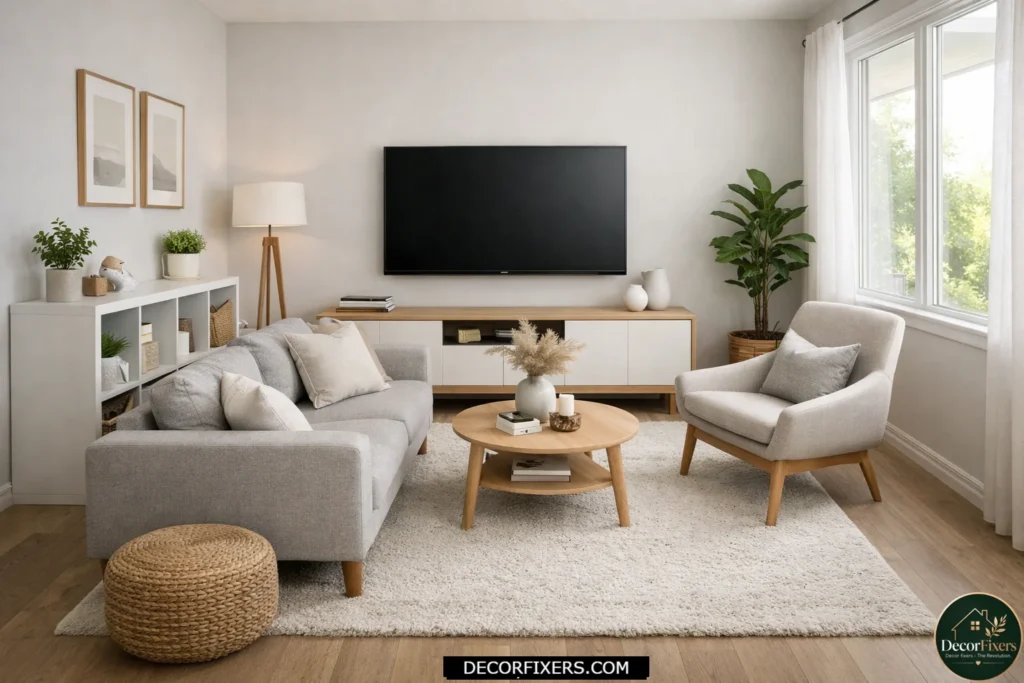 Classic sofa facing TV layout in a small living room with an accent chair and clear walkway
