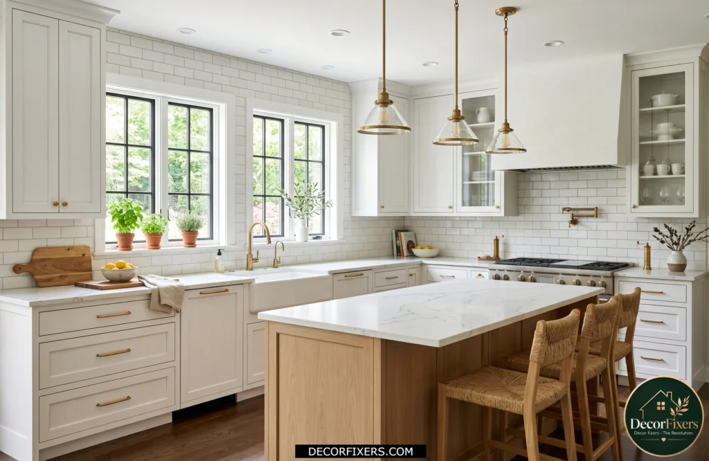 Classic white subway tile kitchen backsplash with warm gray grout and white shaker cabinets.