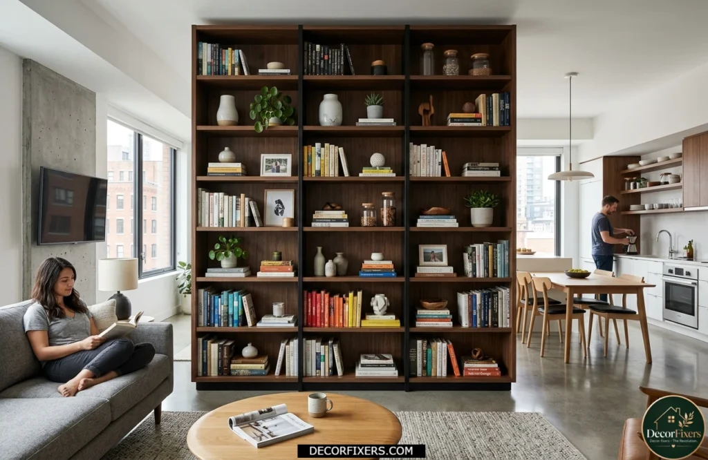Closed-back bookcase acting as a room divider while adding storage