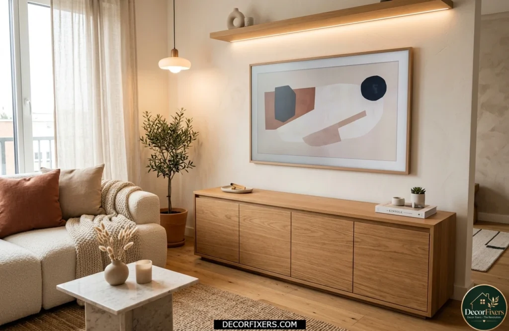 Closed-door media console keeping electronics and accessories neatly hidden