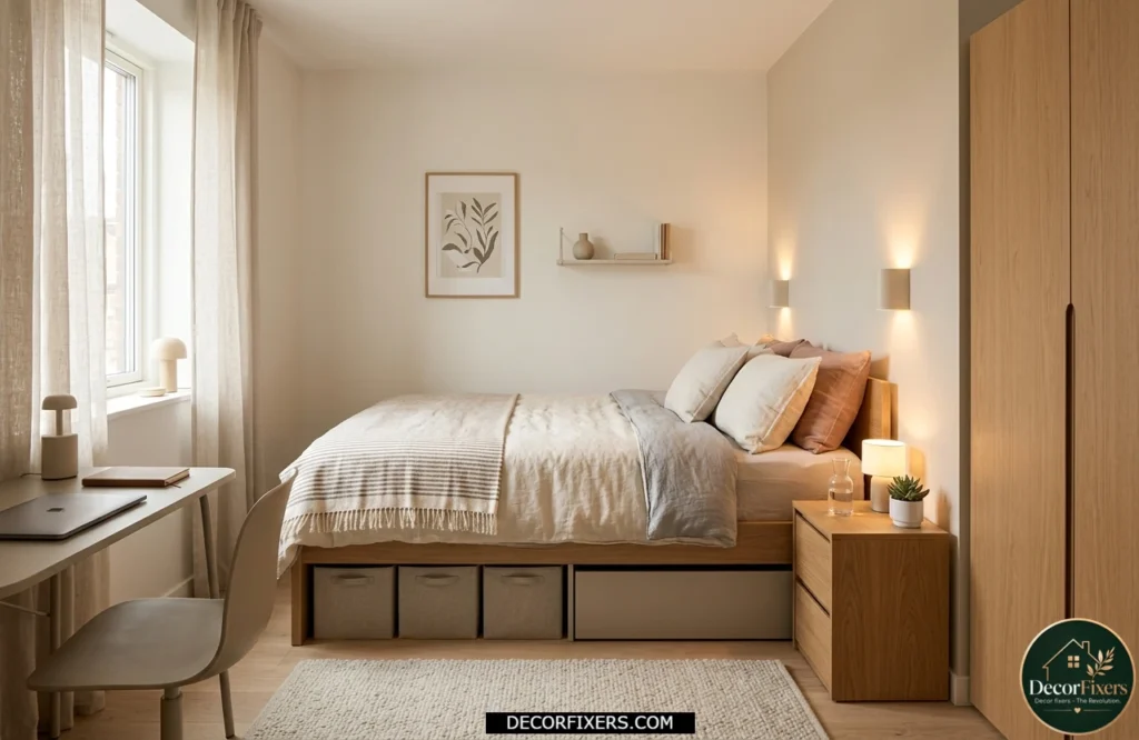 Small bedroom with organized storage and clutter-free surfaces.
