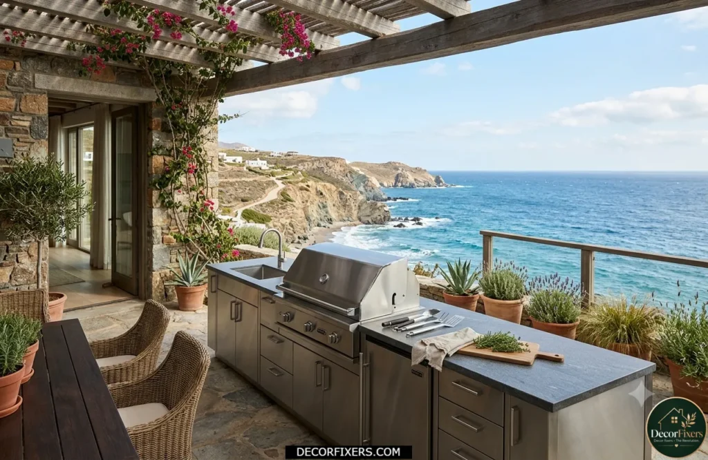 Coastal outdoor kitchen with corrosion-resistant materials