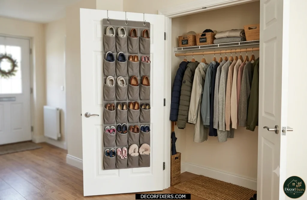 Shoe organizer attached to the back of a coat closet door