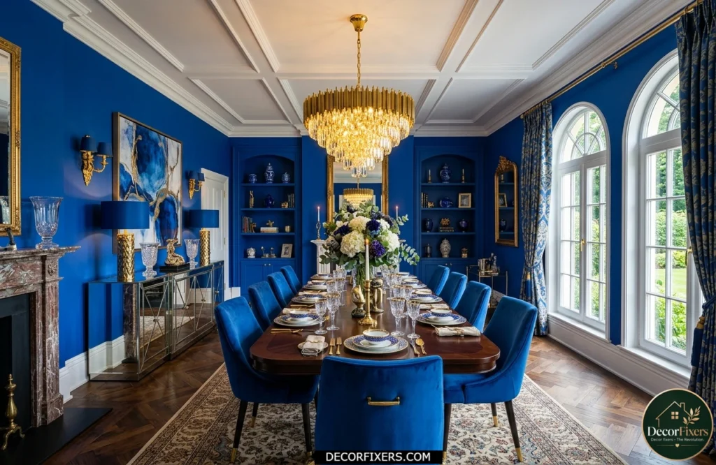 Cobalt blue dining room color idea with gold lighting and statement decor