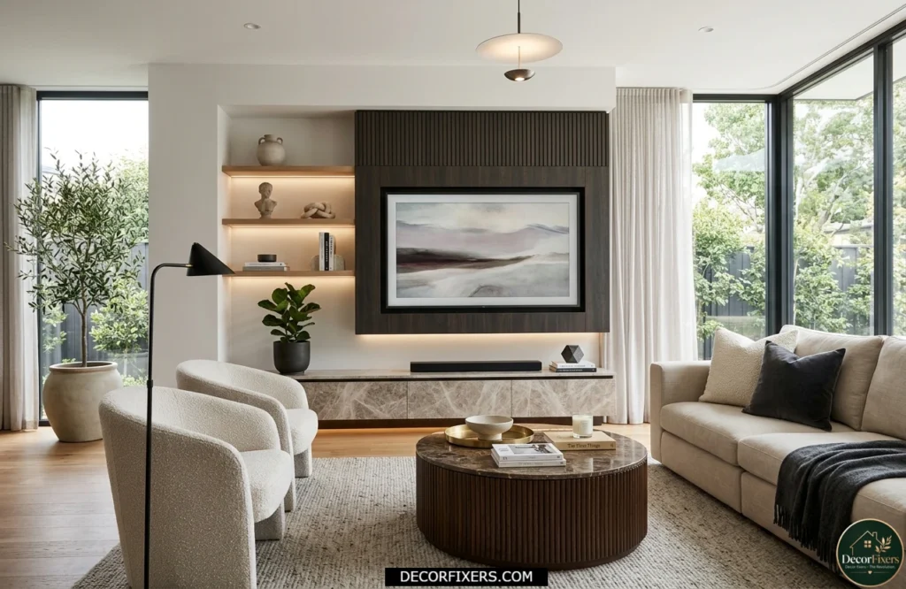 Coffee table decor coordinated with modern TV wall styling