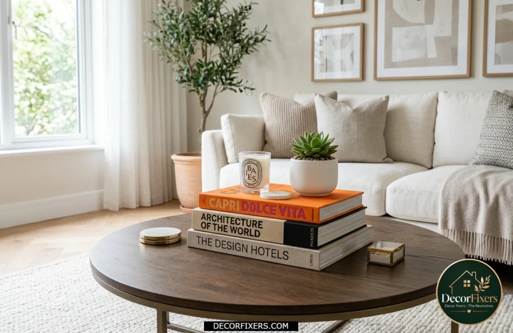 Stacked coffee table books topped with a decorative object on a round coffee table.