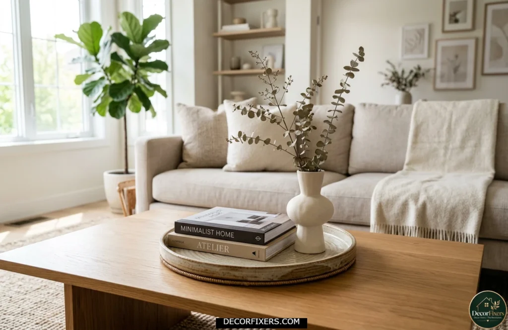 Decluttered coffee table with carefully edited decor arrangement