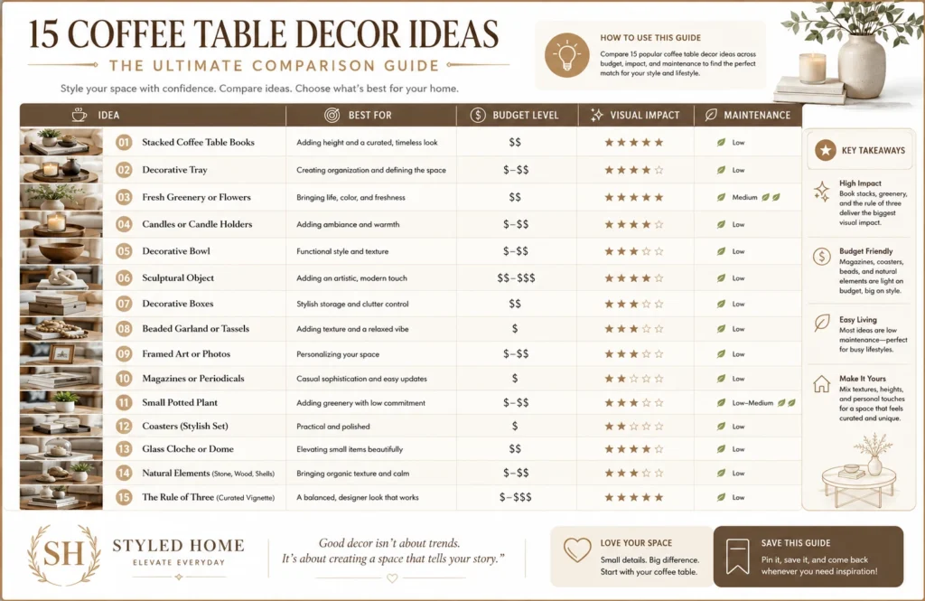 Comparison infographic of 15 coffee table decor ideas with budget and styling guide