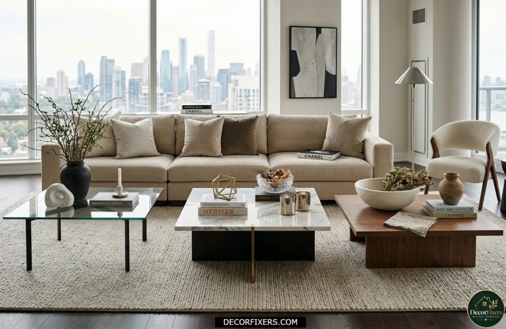 Coffee table decor styled according to different table materials