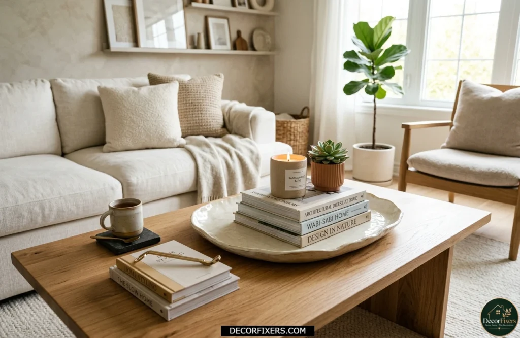Decorative tray creating a visual anchor on a coffee table