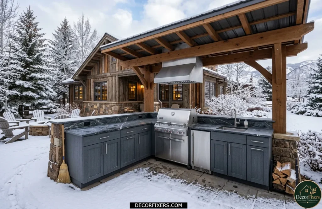 Freeze-thaw resistant outdoor kitchen materials in a cold climate