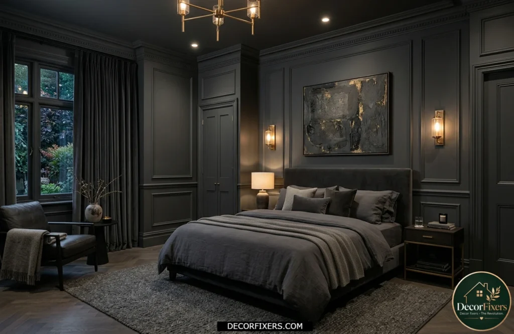Color-drenched bedroom with matching dark walls, ceiling, and trim creating a cocoon-like effect