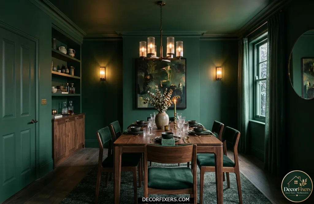 Color drenching dining room design with matching walls ceiling and trim