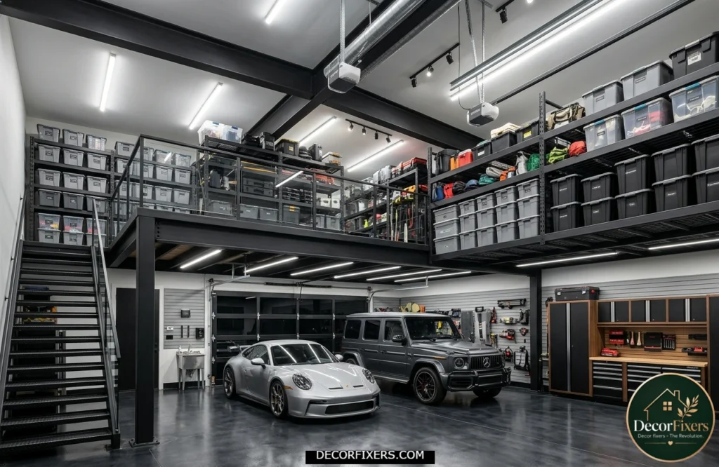 Multi-level garage loft and rack storage system maximizing overhead storage capacity in a high-ceiling garage.
