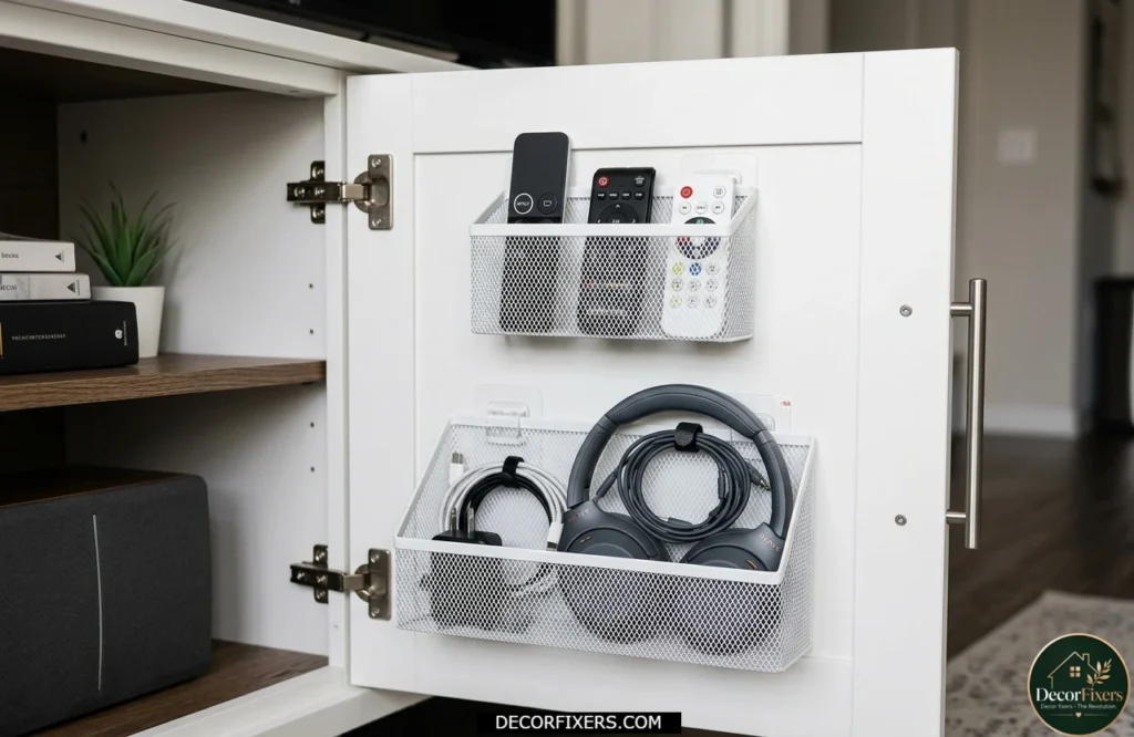 Command strip storage baskets organizing remotes, cables, and small accessories