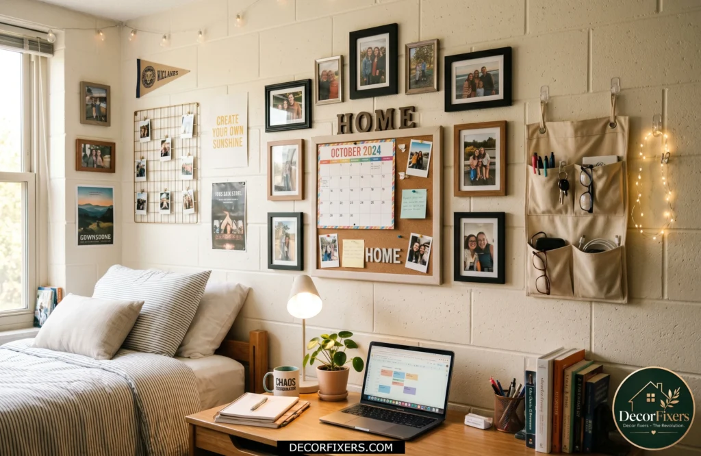 Dorm wall decorated with photos and organizers using command strips.