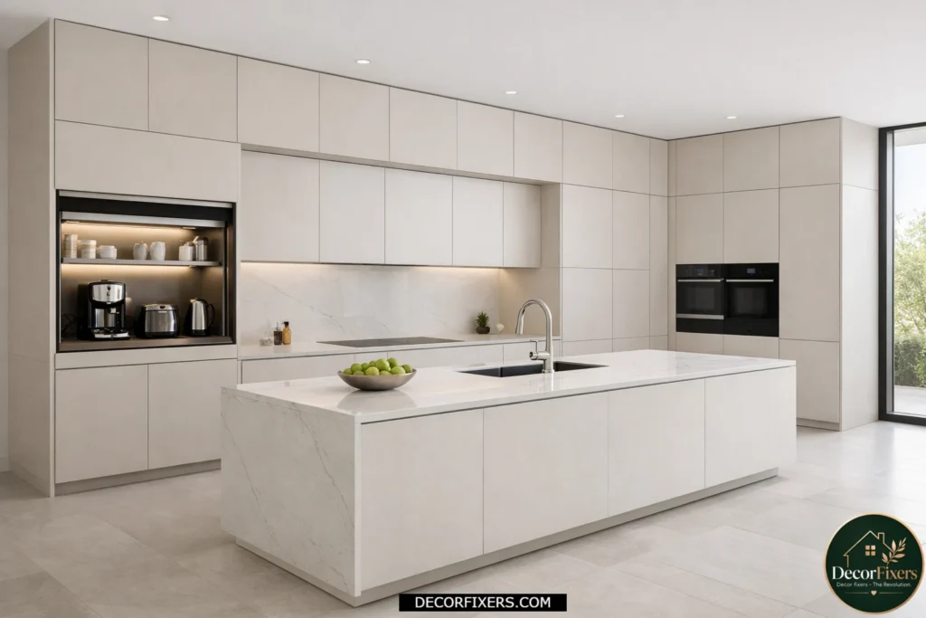 Modern hidden kitchen storage with concealed cabinets and appliance garage