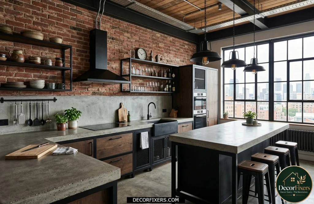 Industrial-style kitchen featuring custom concrete countertops and exposed brick walls