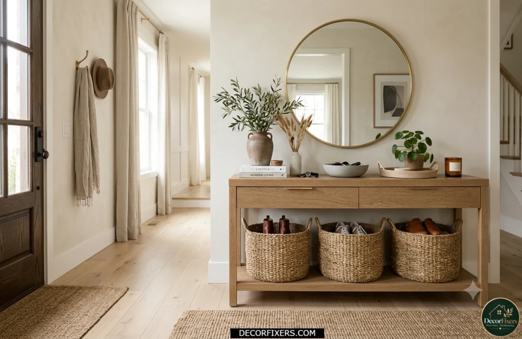 Console table with baskets storing shoes underneath