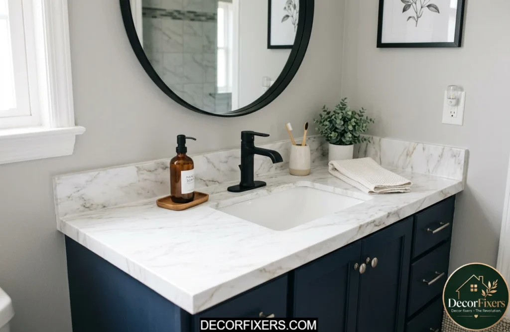 Marble-look contact paper transforming an outdated bathroom vanity countertop