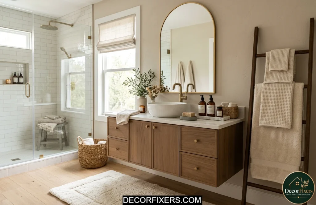 Matching towels and bath mat creating cohesive bathroom design