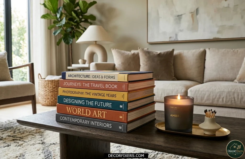 Coordinated coffee table books styled with visible colorful spines