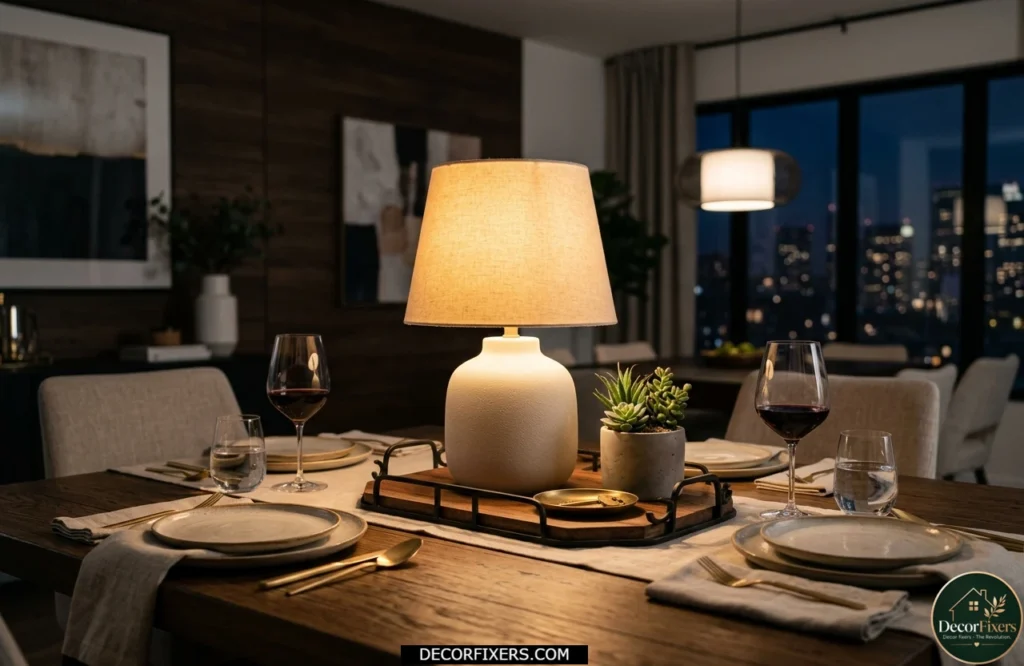 Cordless ceramic table lamp centerpiece creating warm dining room ambiance