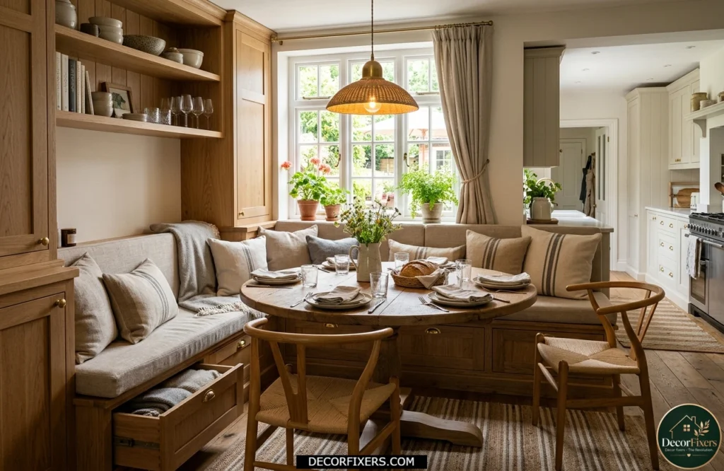 Corner banquette dining nook creating extra seating and storage in a compact room