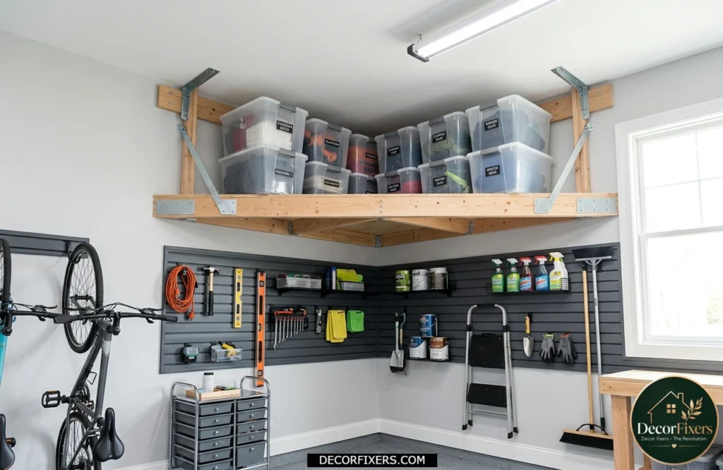 Triangular corner ceiling storage platform maximizing unused garage corner space.