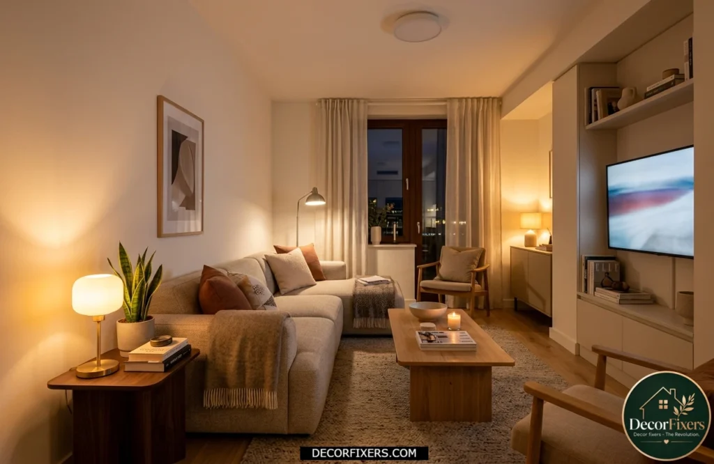 Corner lighting helping a small living room feel larger and more open.
