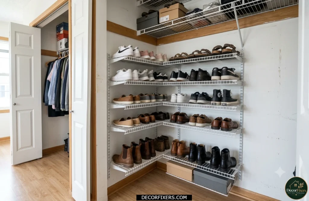 Corner shelf unit turning unused closet space into shoe storage