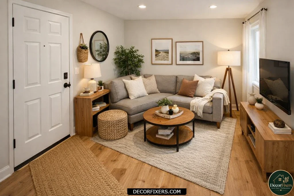 Corner sofa placement creating a clear pathway in a living room with an awkward entry