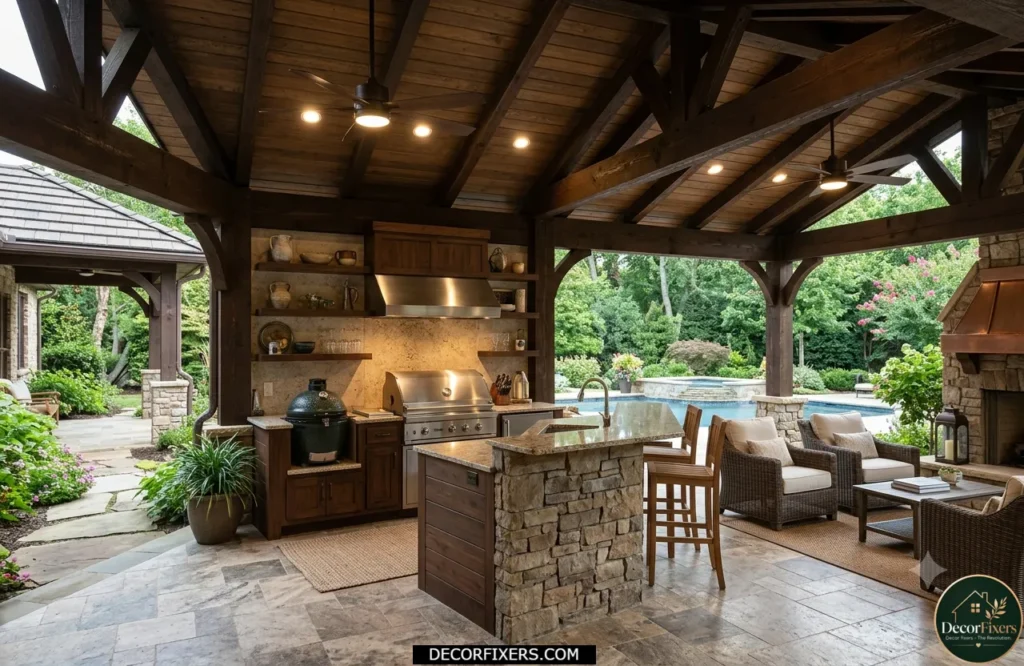 Covered outdoor kitchen with roof, fans, and lighting