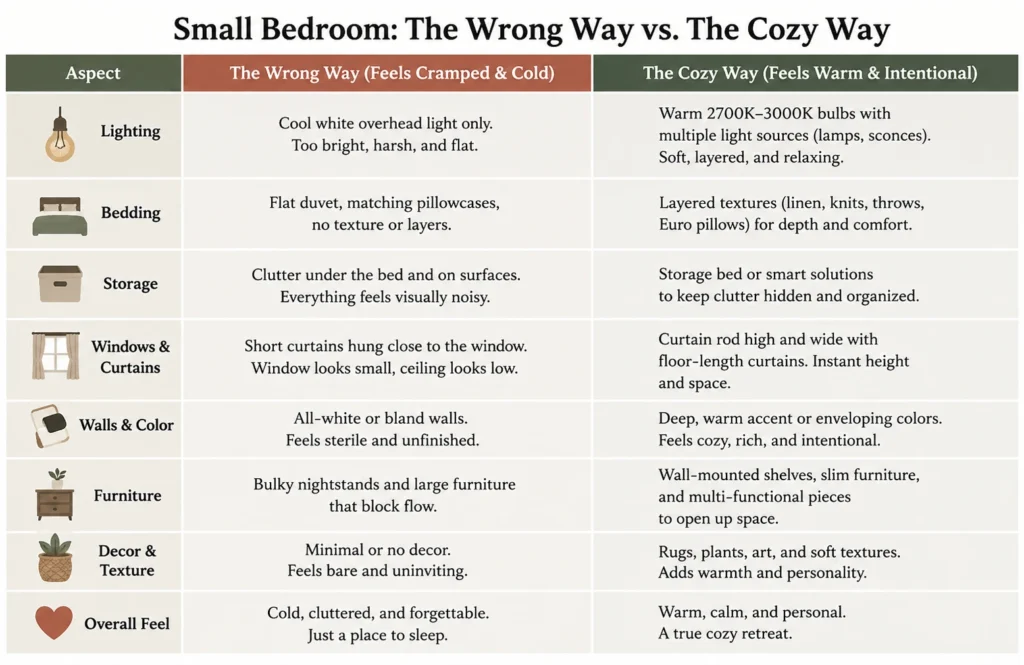 Comparison table showing 17 cozy bedroom ideas for small rooms, including cost, difficulty level, space-saving benefits, and comfort improvements.