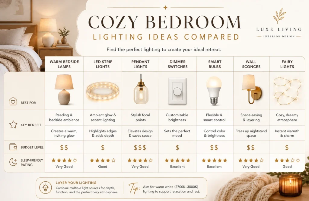 Infographic comparison table showing the best cozy bedroom lighting options and benefits