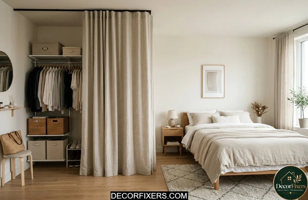 Linen curtain used as a closet divider in a renter-friendly bedroom