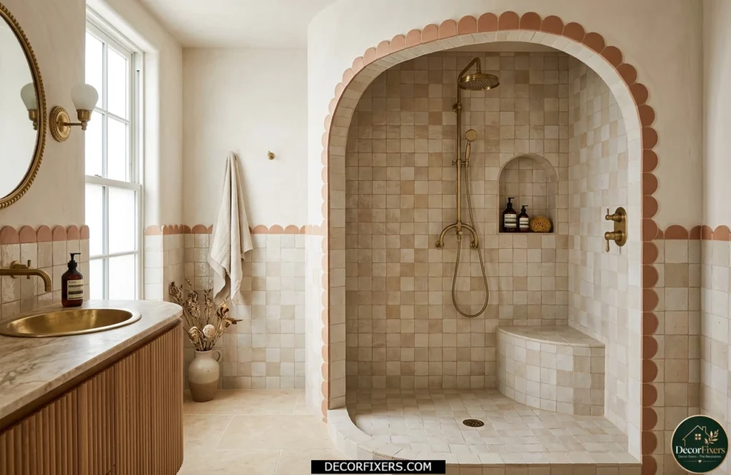 Scalloped tile edges softening bathroom shower transitions