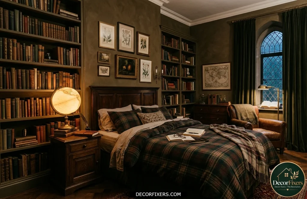 Dark academia bedroom with bookshelves, antique-style lighting, and moody scholarly decor
