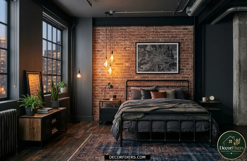 Industrial dark bedroom with exposed brick accent wall, Edison lighting, and charcoal decor