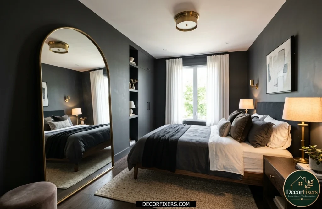 Small dark bedroom with oversized mirror reflecting natural light to create visual depth