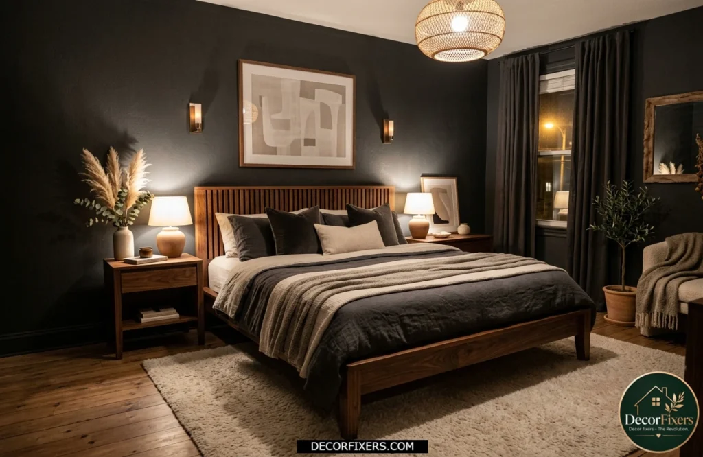 Charcoal bedroom with walnut wood furniture, warm lighting, and cozy organic textures