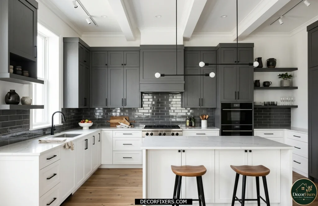 Dark grey upper cabinets with white lower cabinets in a modern high-contrast kitchen