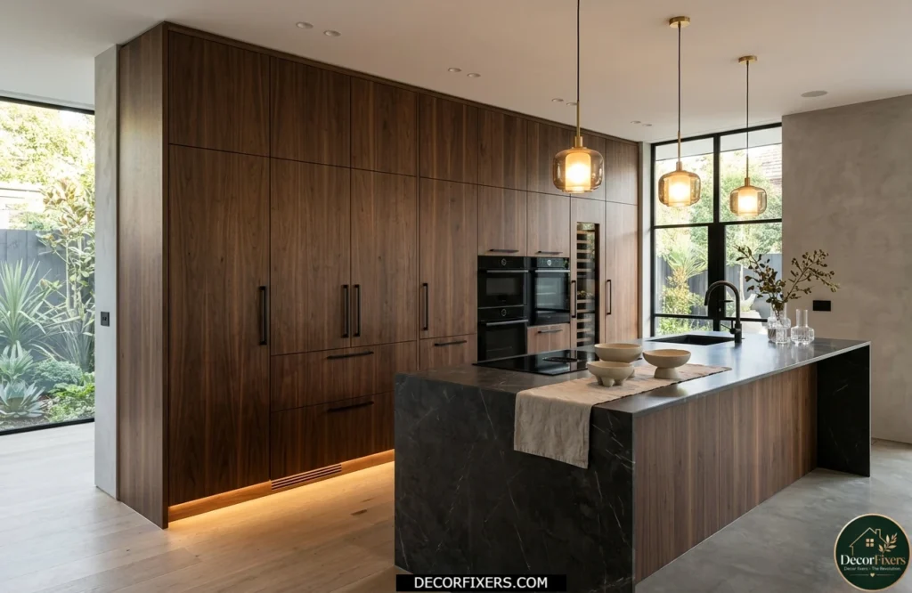 Dark walnut cabinets with matte black hardware and integrated appliances in a contemporary kitchen.