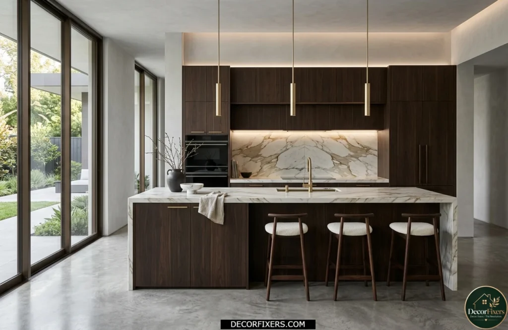 Dark walnut flat-front cabinets paired with Calacatta marble countertops in a luxury minimalist kitchen.
