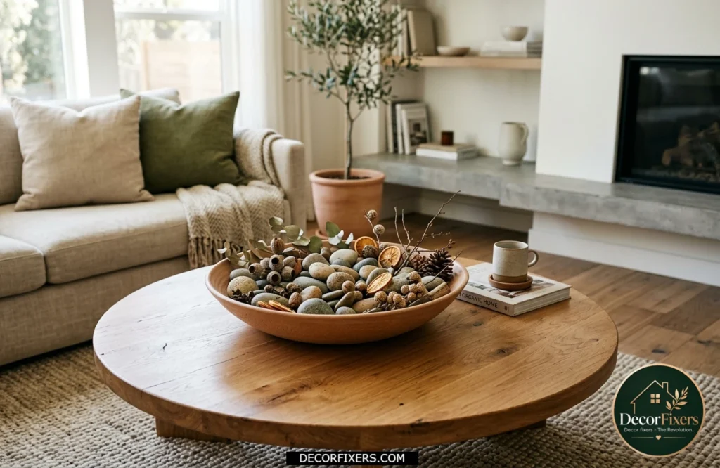Large decorative bowl used as a functional centerpiece on a round coffee table.